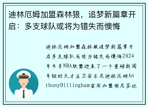 迪林厄姆加盟森林狼，追梦新篇章开启：多支球队或将为错失而懊悔